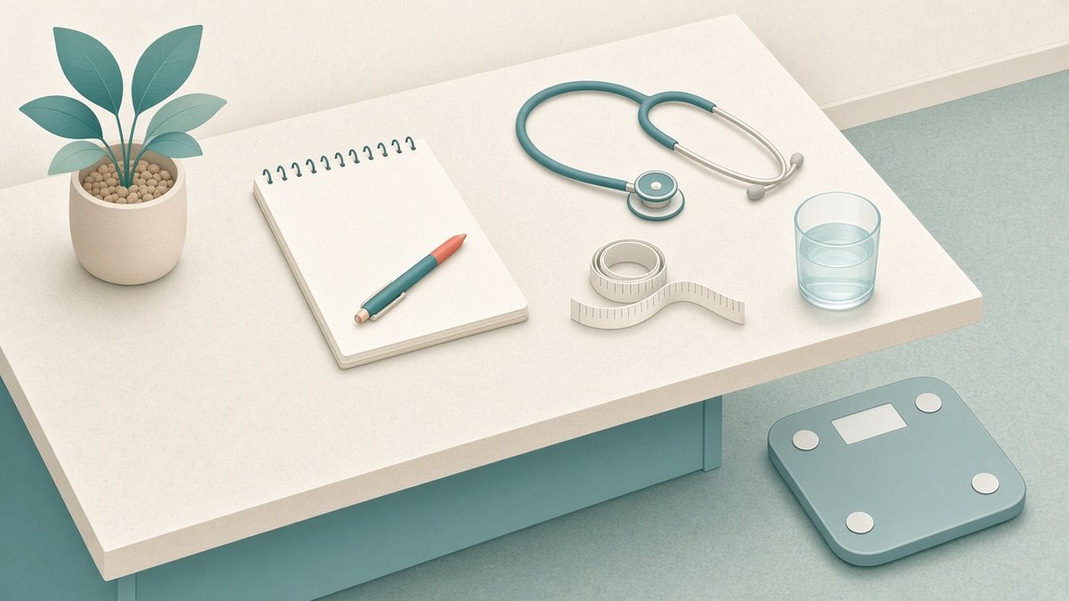 Clinic desk with a stethoscope, a blank notepad and a measuring tape beside a body composition scale, representing a physician-supervised weight loss plan